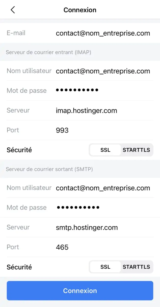 Exemple de configuration de la boîte e-mail dans une application mobile