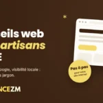 Affiche publicitaire montrant un écran de site web avec un slogan et une illustration de conseils pour artisans et TPE